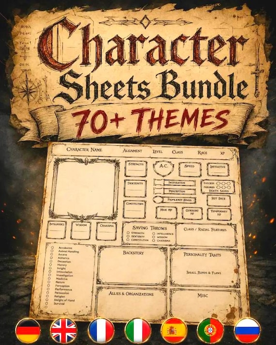 Character Sheets BUNDLE Compatible with DnD 5e & Various Other RPGs 70+ Styles