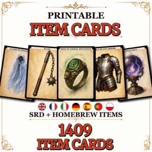 May include: Printable item cards featuring the text PRINTABLE ITEM CARDS and 1409 ITEM CARDS. Five cards display illustrations of a cloak, a flail, a ring with a paw print, plate armor, and a crystal ball. Includes SRD + HOMEBREW ITEMS text.