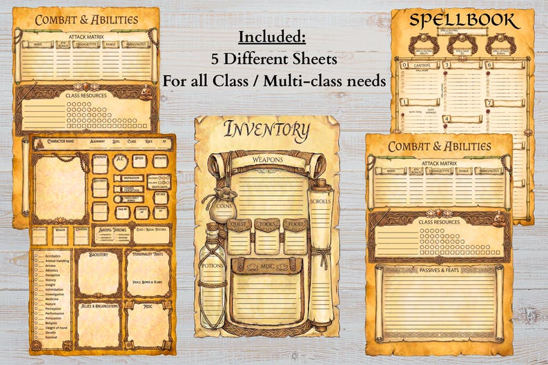 Op de afbeelding: Een set van vijf rollenspel-karakterbladen met een perkamentachtige achtergrond. De bladen bevatten secties voor Combat & Abilities, Spellbook en Inventory, met illustraties van drankjes, rollen en muntenzakjes in bruine inkt.