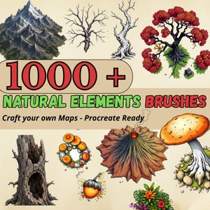 Puede incluir: Una colección digital de más de 1000 pinceles de elementos naturales para crear mapas, con ilustraciones de montañas nevadas, árboles desnudos, árboles de hojas rojas, un tronco hueco, setas, un volcán, una bellota y flores tropicales.