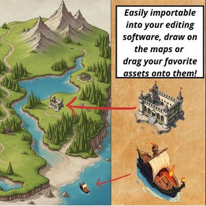 May include: A digital fantasy map illustration featuring green terrain, mountains, a lake, and a forest. A castle and a ship are shown as separate assets with red arrows pointing to their placement on the map. Text reads: Easily importable into your editing software, draw on the maps or drag your favorite assets onto them!
