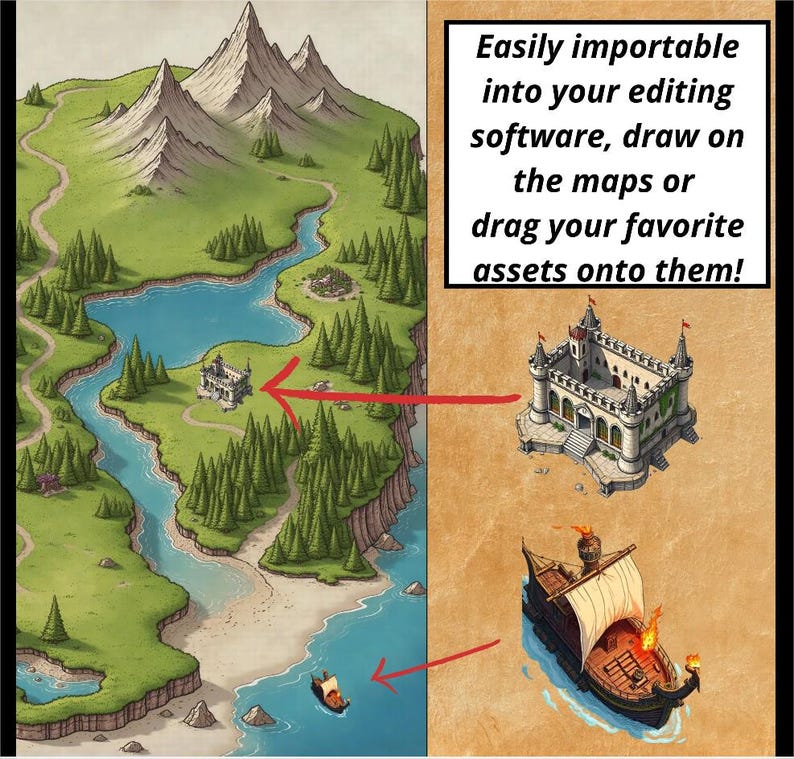 May include: A digital fantasy map illustration featuring green terrain, mountains, a lake, and a forest. A castle and a ship are shown as separate assets with red arrows pointing to their placement on the map. Text reads: Easily importable into your editing software, draw on the maps or drag your favorite assets onto them!