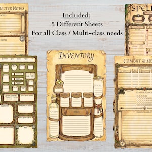 Op de afbeelding: Vijf rollenspel-karakterbladen met een achtergrond in perkamentstijl. De bladen bevatten secties met de labels Session & Character Notes, Spellbook, Inventory, Combat & Abilities en een hoofdkarakterblad met groene accenten.
