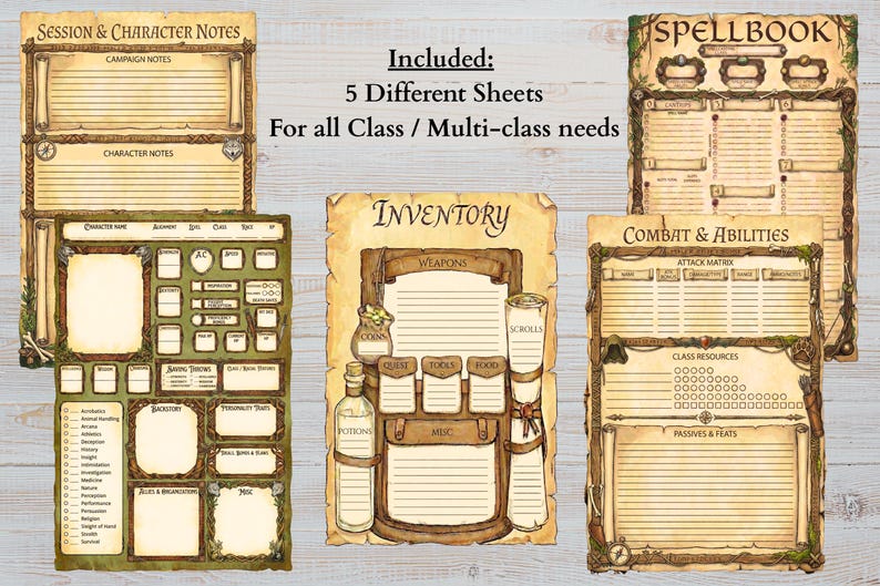 Op de afbeelding: Vijf rollenspel-karakterbladen met een achtergrond in perkamentstijl. De bladen bevatten secties met de labels Session & Character Notes, Spellbook, Inventory, Combat & Abilities en een hoofdkarakterblad met groene accenten.