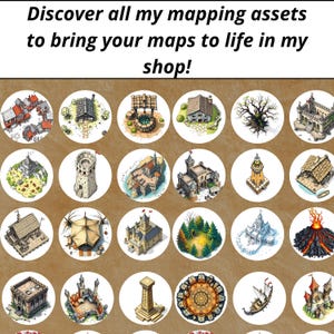 May include: A collection of 25 illustrated circular tokens featuring various fantasy and medieval buildings, structures, and landscapes. The tokens are perfect for tabletop gaming, role-playing games, and map-making.