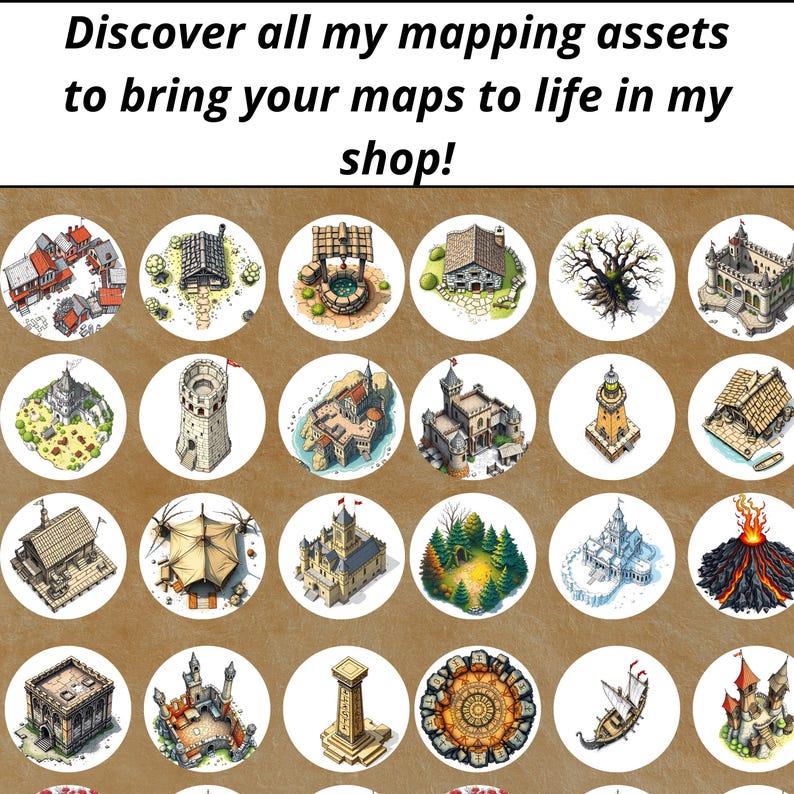 May include: A collection of 25 illustrated circular tokens featuring various fantasy and medieval buildings, structures, and landscapes. The tokens are perfect for tabletop gaming, role-playing games, and map-making.