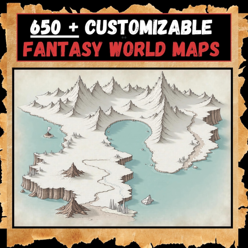 May include: A black and white illustration of a fantasy world map featuring a large mountain range, a lake, and a river. The map is on a parchment background with the text "650+ CUSTOMIZABLE FANTASY WORLD MAPS" at the top.
