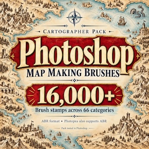 May include: A digital product graphic titled Cartographer Pack Photoshop Map Making Brushes, featuring 16,000+ brush stamps across 66 categories. The background displays a detailed fantasy map with mountains, castles, and sea creatures.