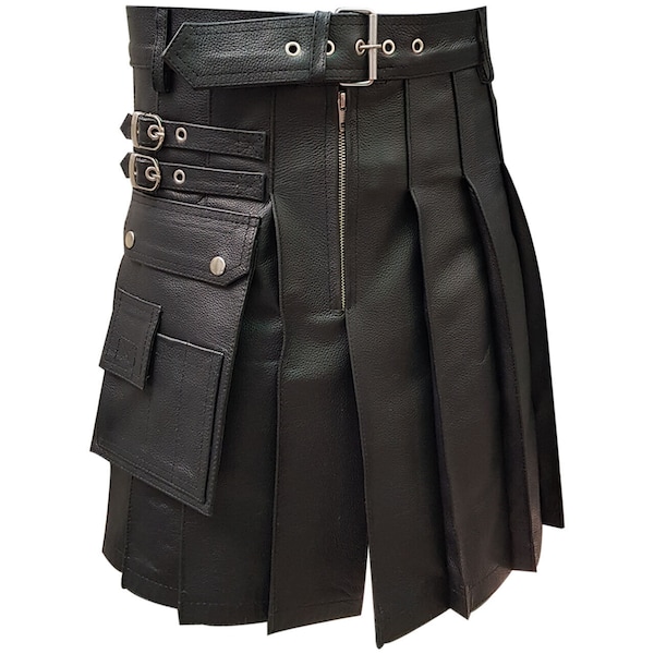 Kilt noir avec lanières en cuir de vachette homme Kilt utilitaire pour guerriers modernes