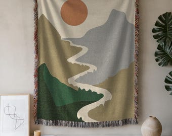 Woven Abstract Landscape Blanket: Boho Cotton Throw, USA Made