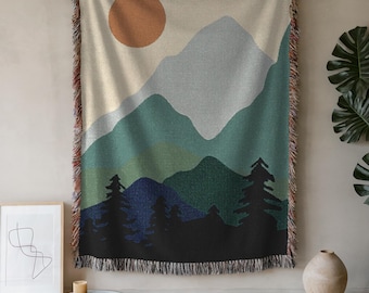 Woven Cotton Boho Blanket: Abstract Landscape Tapestry