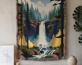 Woven Cotton Throw Blanket: Abstract Landscape Tapestry, Boho Decor