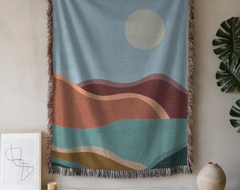 Woven Cotton Throw Blanket: Abstract Landscape, Boho Decor
