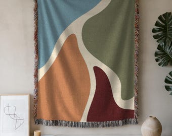 Boho Woven Cotton Throw Blanket: Abstract Tapestry, Made in USA