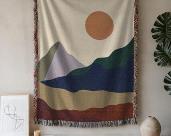 Woven Cotton Throw Blanket: Abstract Landscape Tapestry, Boho Decor