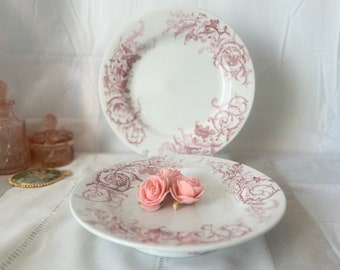 Set of KG Luneville compotier and dinner plate / Versailles / Red / France / Antique Luneville compotier dinner plate set Versailles Red France Antique