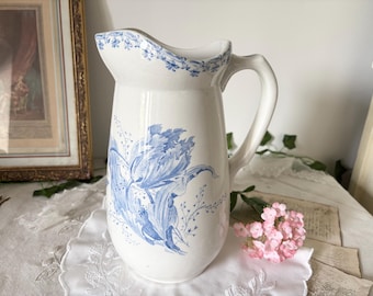Antique Sarreguemines Tulipe Blue Pitcher French Ironstone Water Jug Floral Transferware Farmhouse Decor Collectible Vase