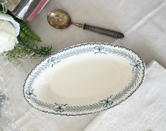 HB & Cie Choisy-le-Roi CHINON Ironstone Ravier | Franse antieke ovale serveerschaal | Terre de Fer-transferware | Blauwgroene slinger