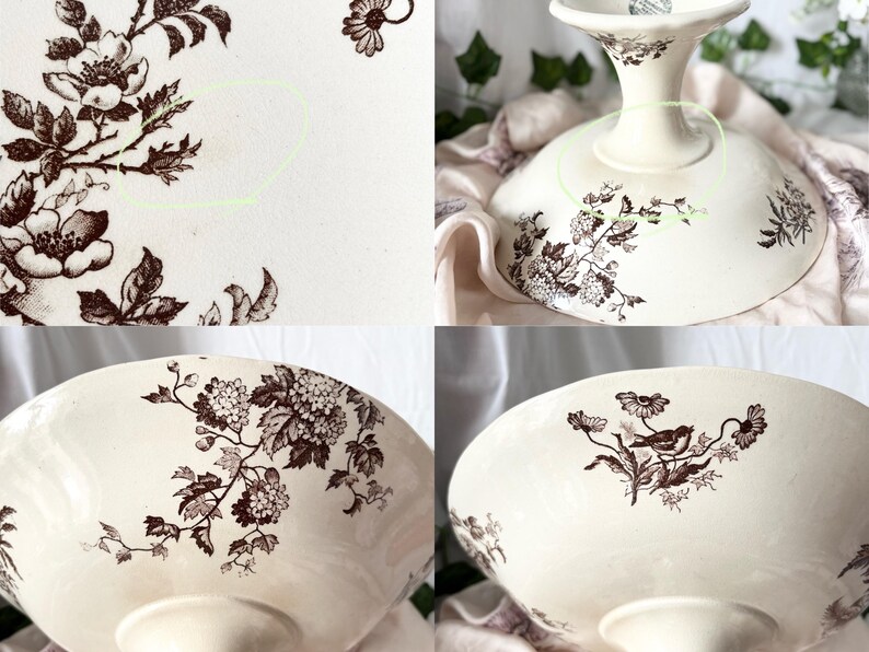 Pode incluir: Um suporte de bolo vintage branco com um padr&atilde;o floral castanho. O suporte tem uma base redonda e um pedestal alto e fino. O padr&atilde;o floral apresenta flores e folhas castanhas delicadas.