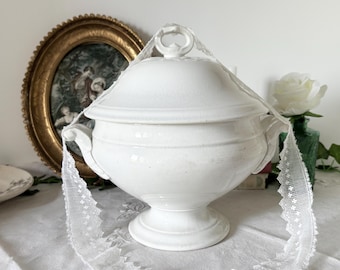 Antique GIEN White Ironstone Soup Tureen with Lid French White Earthenware Serving Tureen Victorian Farmhouse Decor
