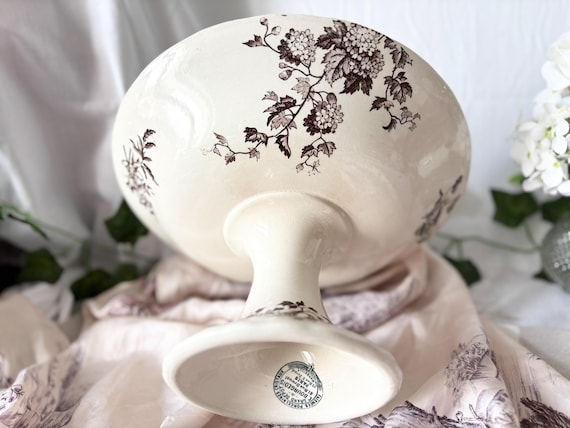 Antique Emile Bourgeois Paris Compotier, Brown Bird Transferware, Floral Fruit Stand, French Antique Decor