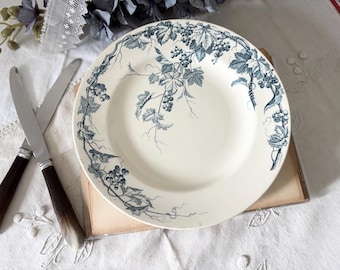 Antique Terre de Fer Vigne 22.5cm Plate Faiencerie de L’Amprés Blue Green French Transferware Vintage  display piece テールドフェール 平皿 青緑 フランス