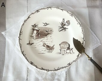 Terre de Fer / H.B. & Cie Choisy-le-Roi / Picture plate cat and birds / French antique / Choisy-le-Roi / Birds, cat and chicken / Picture plate