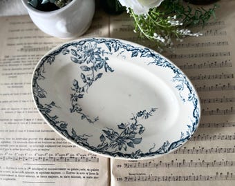 Antique Lunéville Passiflore Ravier, Blue Floral Transferware, French Terre de Fer Oval Dish, Vintage Ceramic, Shabby Chic Decor