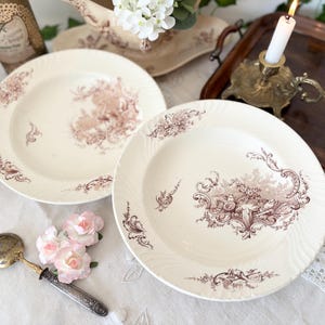 Set of 2 Antique KG Luneville Deep Plates, Rocaille Style French Transferware Brown Bird Pattern, L Chantilly Paris アンティークプレート 鳥 フランス ビンテージ