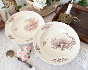 Set of 2 Antique KG Luneville Deep Plates, Rocaille Style French Transferware Brown Bird Pattern, L Chantilly Paris アンティークプレート 鳥 フランス ビンテージ