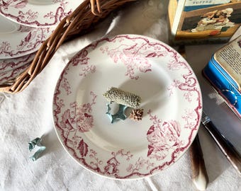 Antique K&G Luneville Fontainebleau Red Compotier Cake Stand French Art Nouveau Transferware Pedestal Plate France