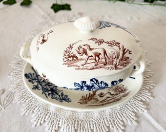 J.S & Cie Clairefontaine Chasse Saucier – Antique French Terre de Fer Covered Sauce Tureen gravy boat Hunting Transferware Dog Rabbit