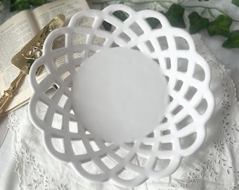 Antique French Moustiers Lallier Faience Corbeille – Handwoven Openwork Ceramic Basket Plate – White Centerpiece – Rare French Pottery