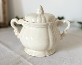 Antique French Sugar Bowl Digoin Sarreguemines Ivory Floral Rim Covered Pot / France / Sarreguemines Floral Rim