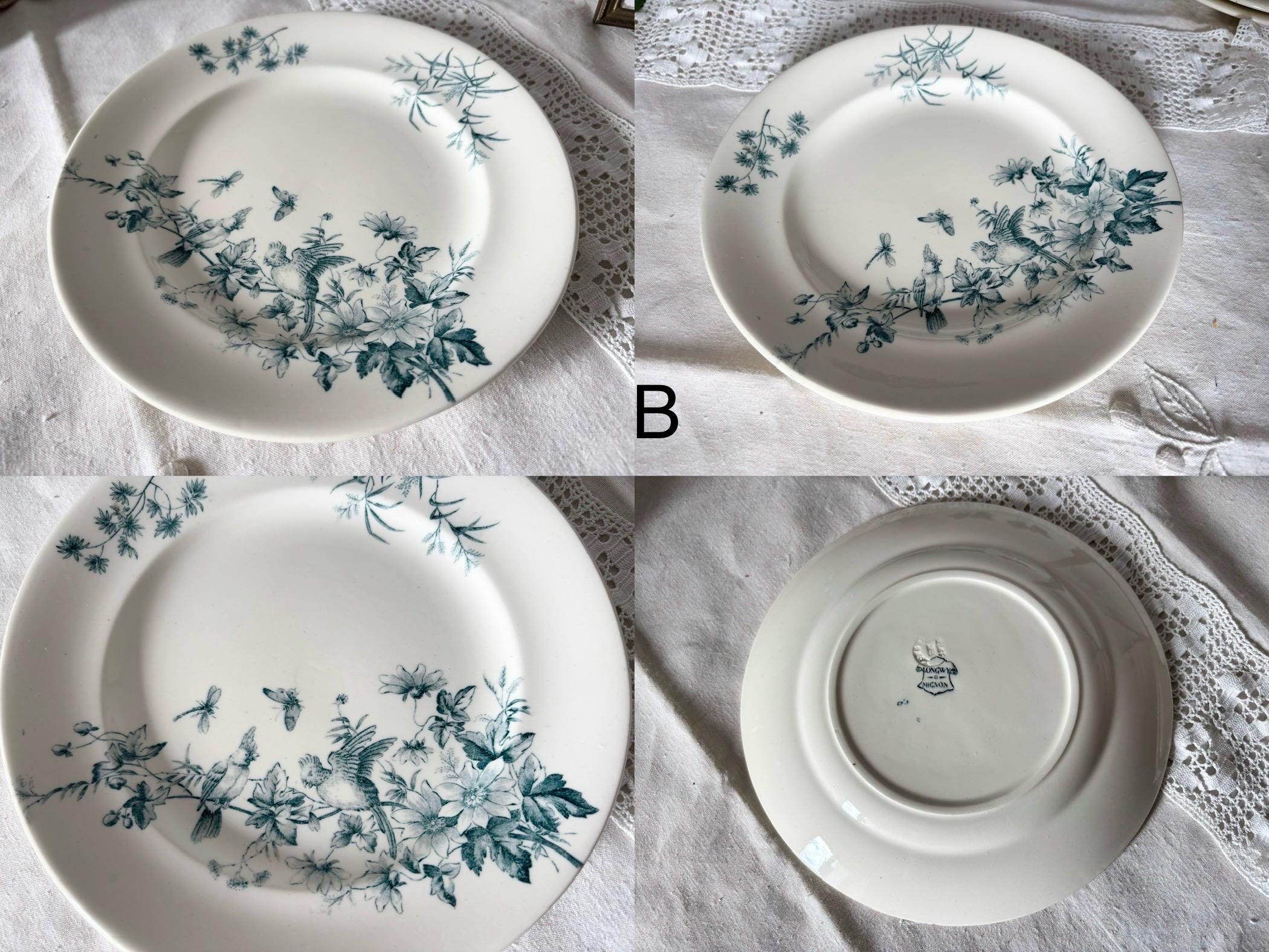 Antique Longwy Mignon Plate 21.5cm French Blue Transferware Bird 
