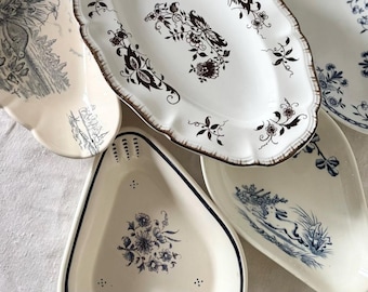 Various / French Antique Ravier, Terre de Fer Oval Serving Dish, Sarreguemines Gien  Longwy Lunéville Blue bird Transferware shabby chic