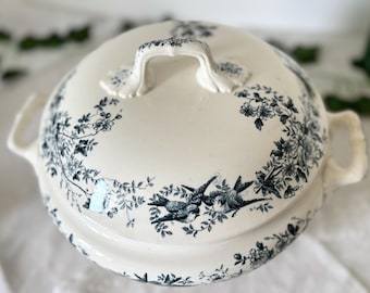 Antique Longwy Cronstadt Soup Tureen with Lid, Blue Bird Transferware, French Ironstone Terre de Fer, 19th Century French Faience