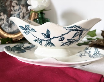 Jules Vieillard Bordeaux Sce Maurice Gravy Boat Terre de Fer Blue Green French Antique Transferware Sauce Boat France Bird decor