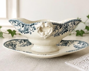 GIEN Bouquets de Roses Saucier, Blue Transferware, Antique French Sauce Boat, Ribbon & Rose Pattern, France Antique