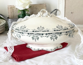 Antique U&C Sarreguemines Mignon Soup Tureen, Green Transferware Covered Dish, French Rococo Ironstone, Small Soupiere, Antique French