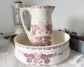 Large Antique French HB&Cie Mûres Pitcher and Basin Set, Blackberry Transferware Terre de Fer Wash Set, Ironstone Farmhouse Decor