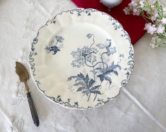 Choisy-le-Roi Pavots Low Compote, Antique French Terre de Fer Pedestal Bowl, Red Poppy Ironstone, French Country Farmhouse Decor