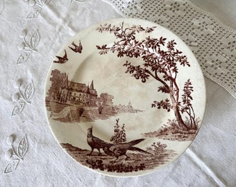 Antique French Compotier Samaritaine St Champetre Terre de Fer Brown Transferware Pheasant Castle Pear Pedestal Dish