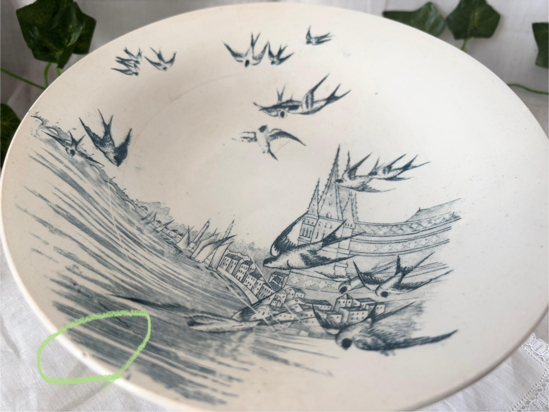 Antique French Terre de Fer Compotier – Swallow Motif, Navy Blue