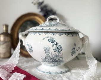 Antique Terre de Fer Rosalia Green Soup Tureen, French Transferware Soupiere, Floral Faience, French Antique, Ironstone