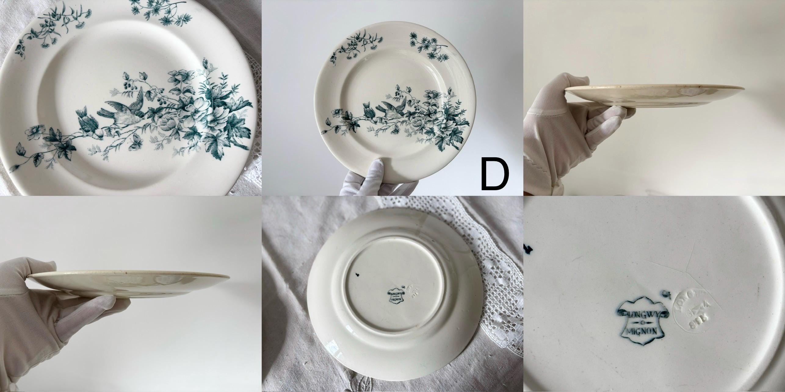 Antique Longwy Mignon Plate 21.5cm French Blue Transferware Bird 