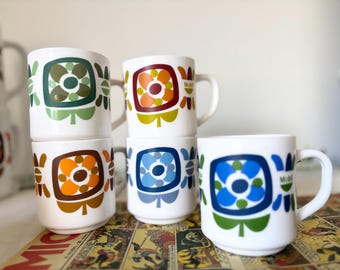 Arcopal Mobil Mug, 1970s Vintage French Milk Glass Cup, Retro Oil Advertising Mug, France Collectible