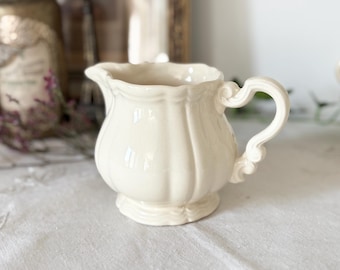 Antique French Milk Jug Sarreguemines Digoin Ivory Floral Rim Small Pitcher Creamer / France / Sarreguemines