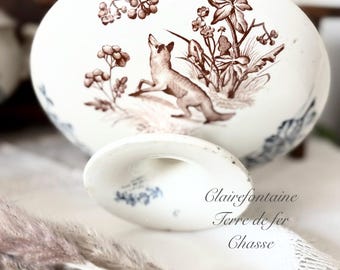 Antique French Compote Bowl Compotier “Chasse” Blue  Brown Transferware Hunting Scene J.S & Cie Clairefontaine Terre de Fer Dog fox birds