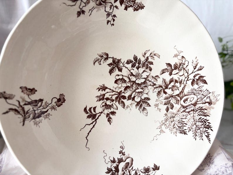Pode incluir: Uma tigela de cer&acirc;mica branca com um padr&atilde;o floral castanho. A tigela apresenta um design delicado de rosas, folhas e p&aacute;ssaros. O padr&atilde;o lembra a porcelana vintage.